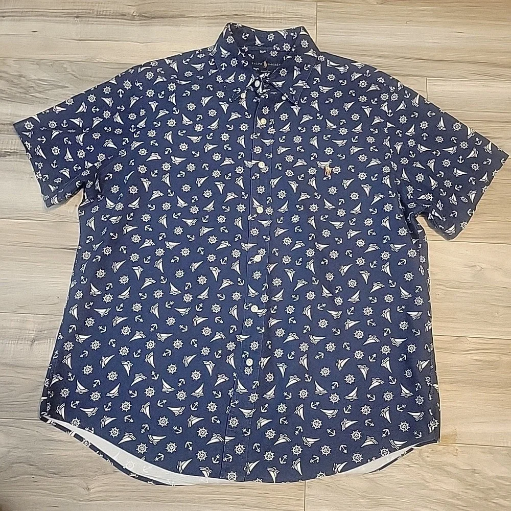 Polo Ralph Lauren Shirt Adult Large Blue Allover Print Boat Anchor Flesh Pony